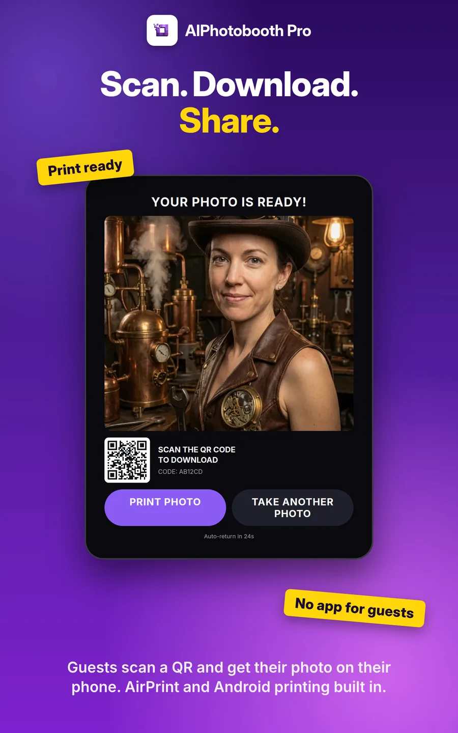 QR code delivery and print screen in the tablet app