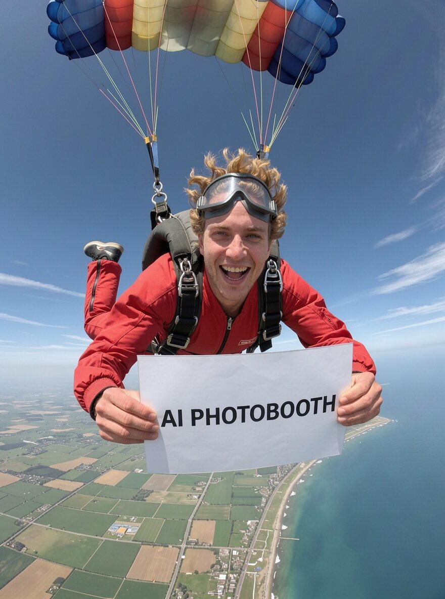 FLUX.3: ελεύθερη πτώση με πινακίδα AI PHOTOBOOTH