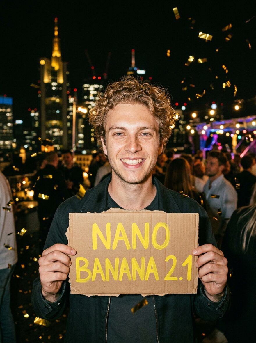 Nano Banana 2.1: Rooftop-Party mit handgemaltem Schild