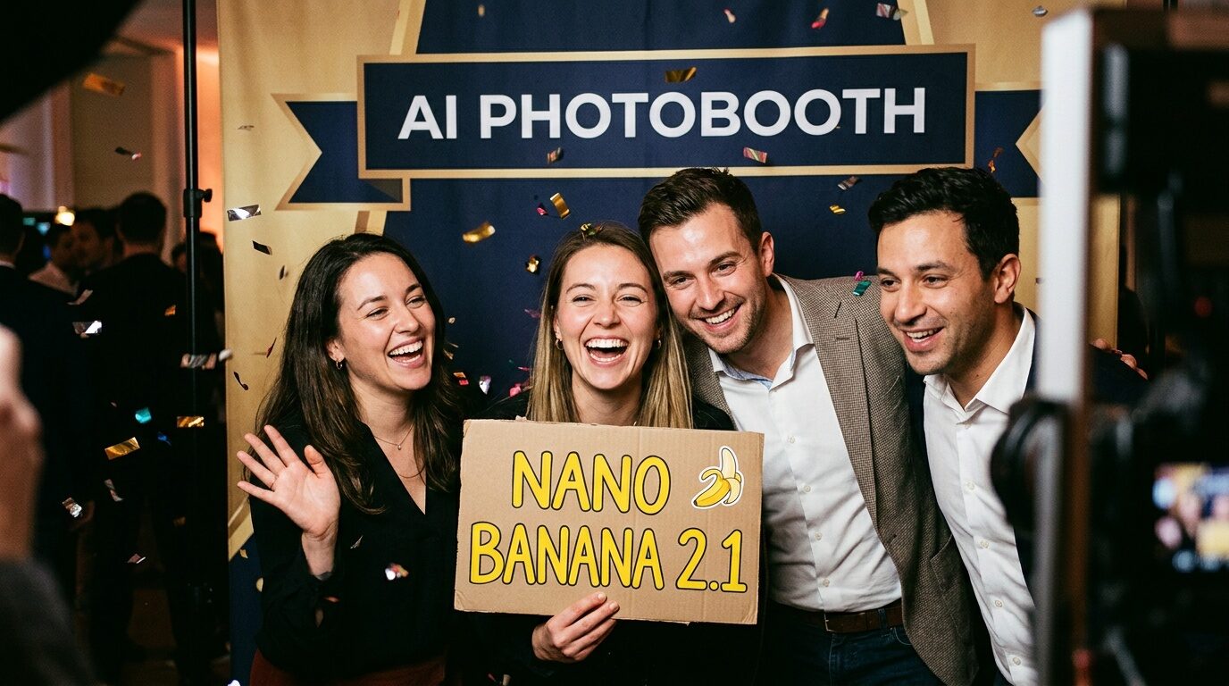 Vier Gäste, ein Schild, keine Retusche: Nano Banana 2.1, direkt aus dem Modell